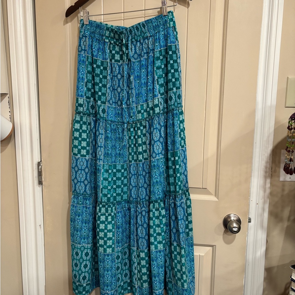 Blue & Green Tiered Maxi Skirt w/ Side POCKETS, Elastic & Tie Waistband MED NWOT